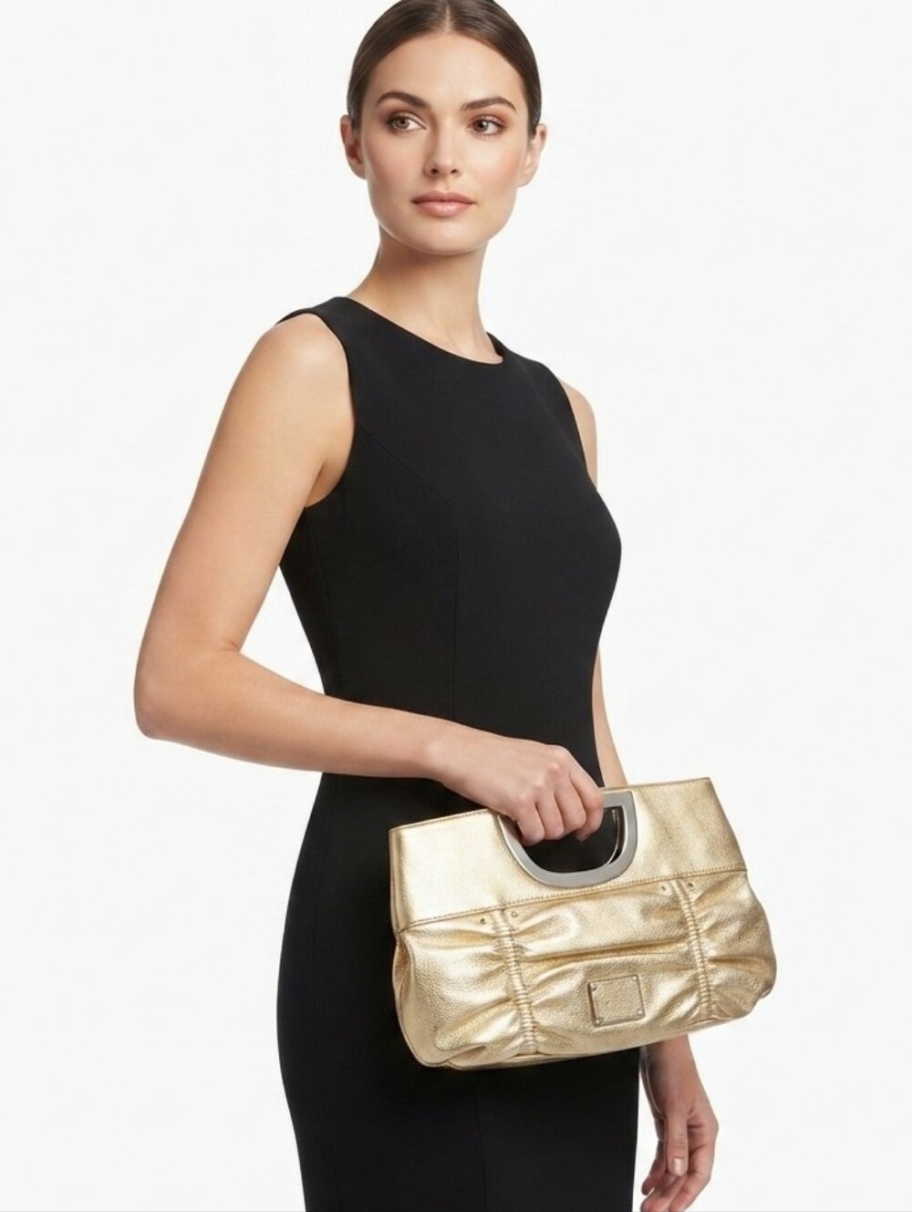 B.Makowsky Metallic Gold Leather Clutch Magnetic Closure